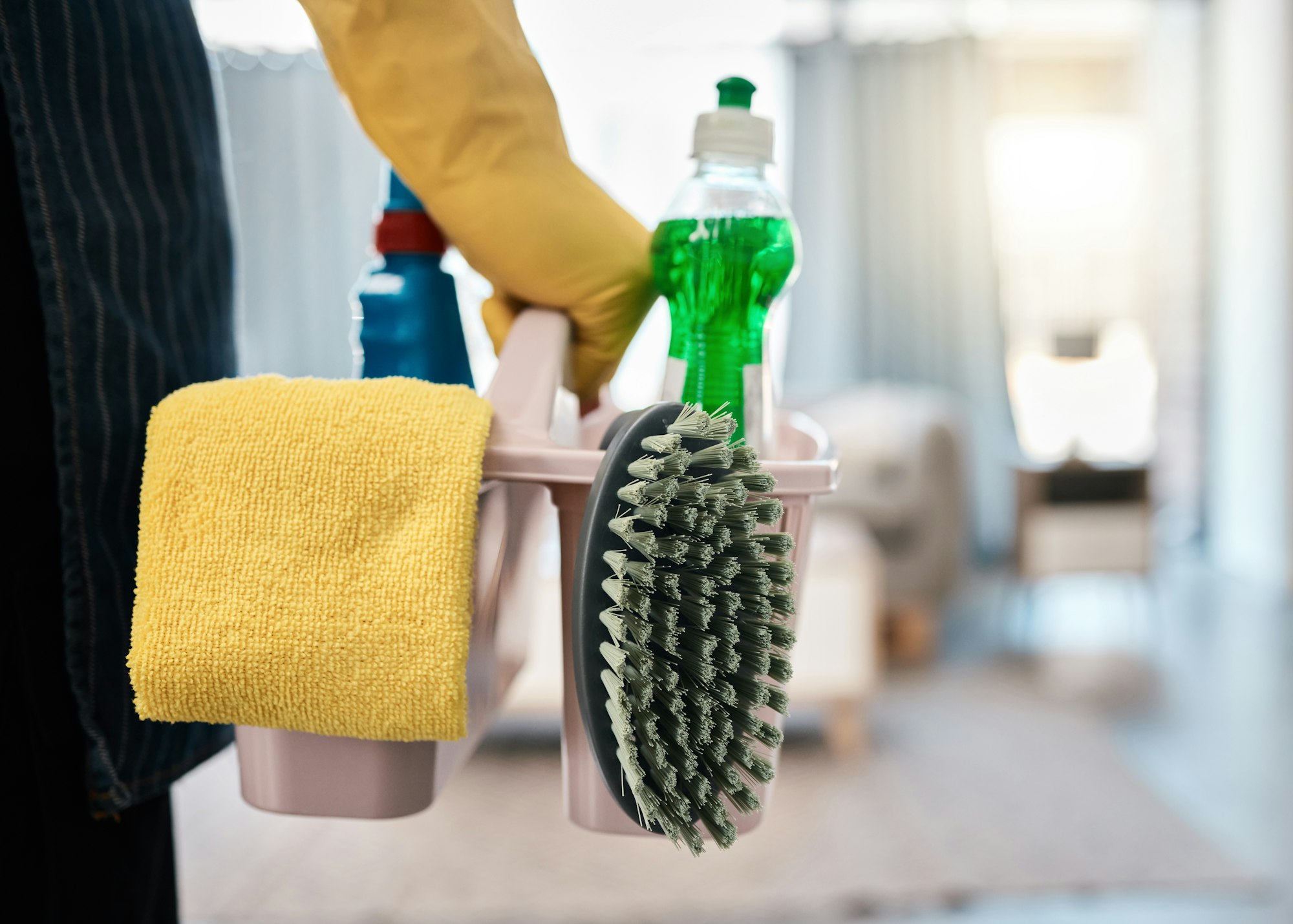 House, cleaning and hand of cleaner holding bucket of product for hygiene and housework or chores.